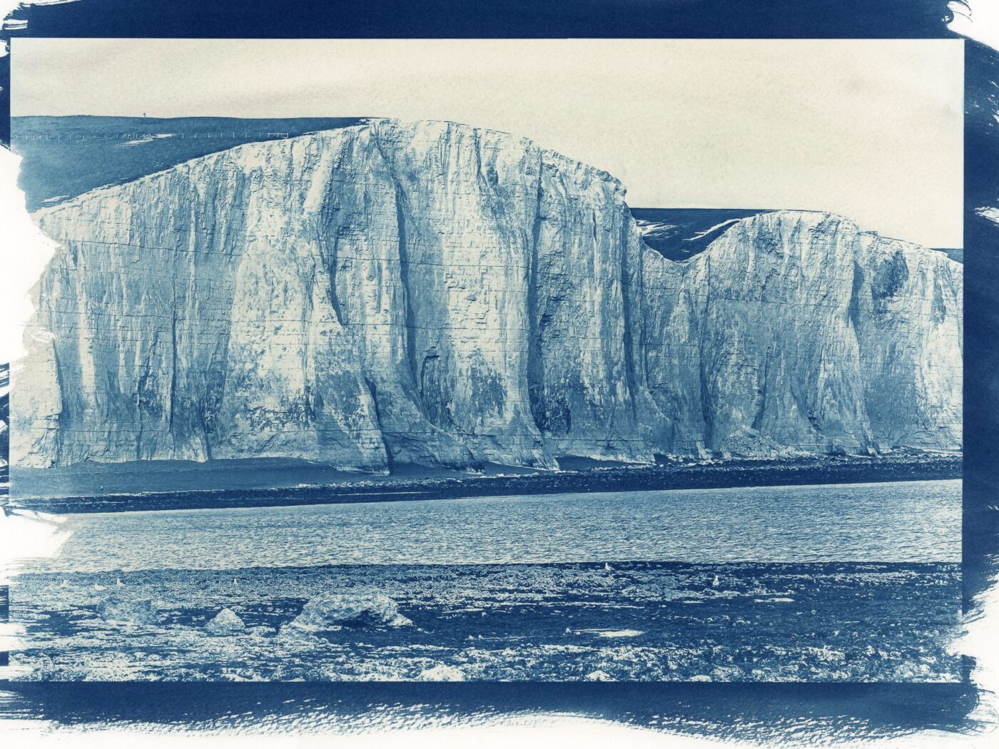 cyantype hand printed photograph of Seven Sisters coast line Sussex